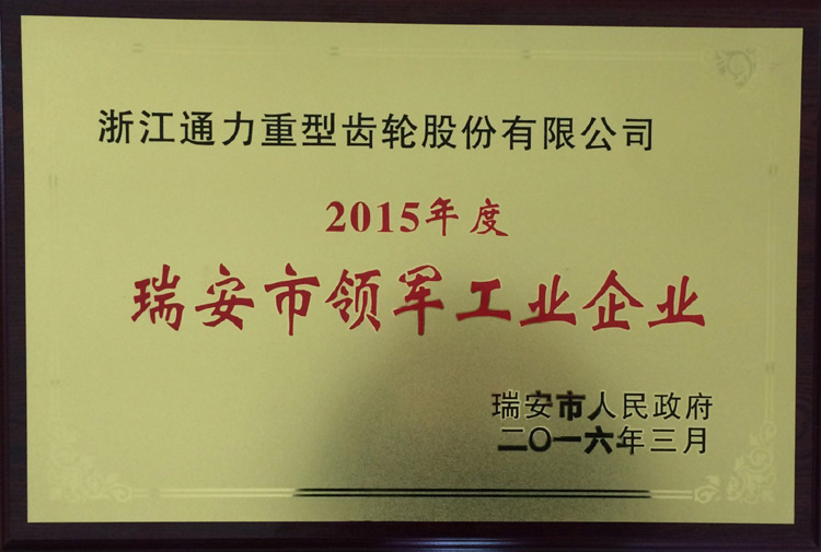 浙江通力被授予2015年度瑞安市领军型企业